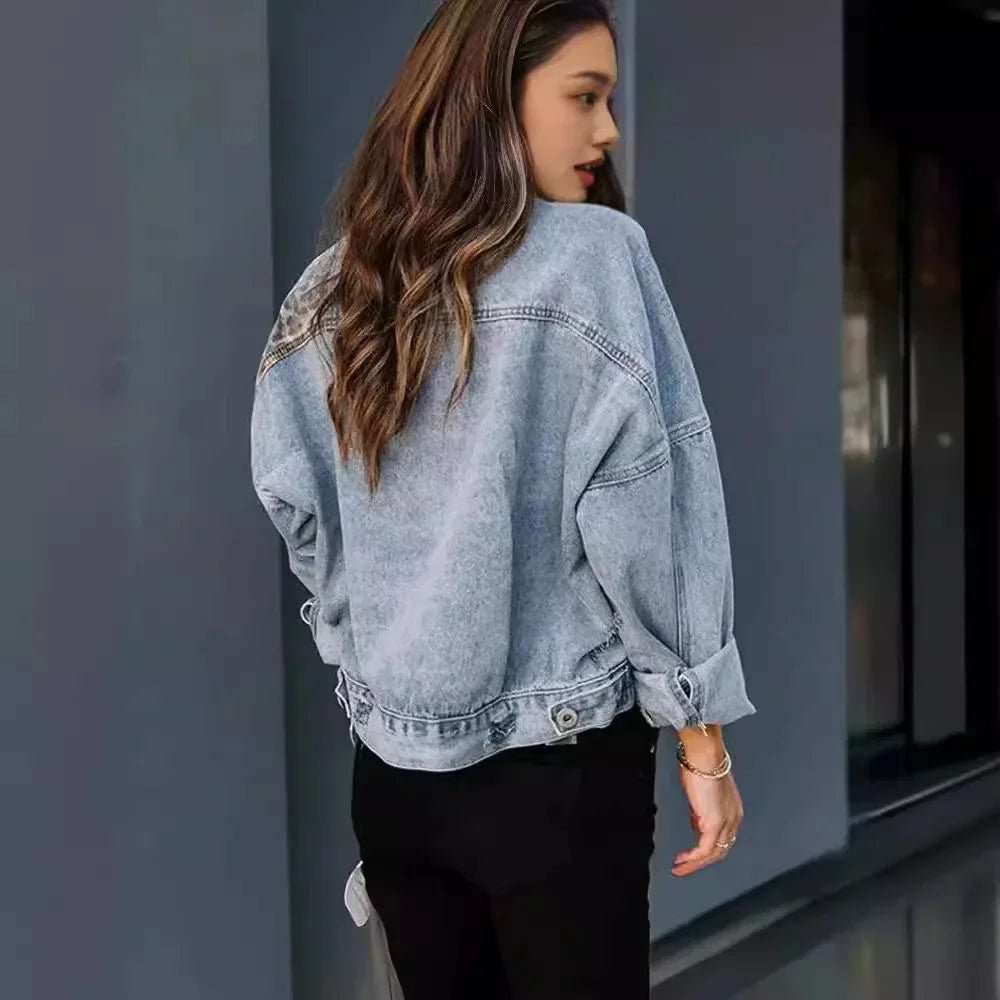 Denim Jacket With Leopard Print And Statement Design