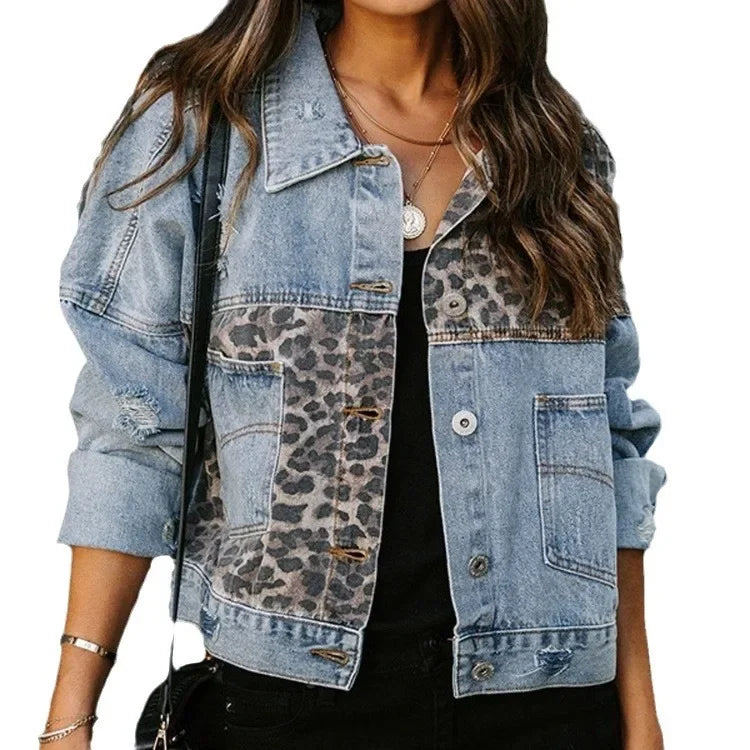 Denim Jacket With Leopard Print And Statement Design