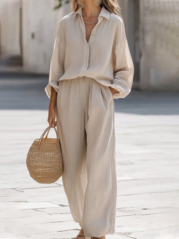 Airy Women's Linen Co-ord Set with Long Sleeves and Wide Pants