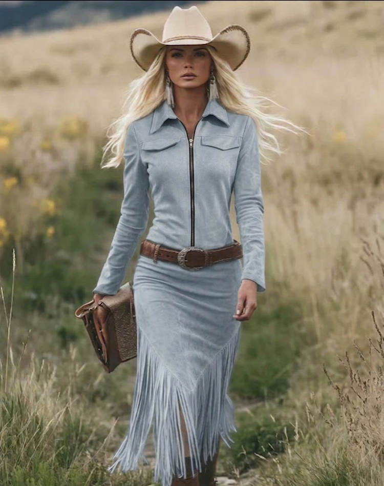 Western Midi Party Dress With Fringes And Zipper Detail