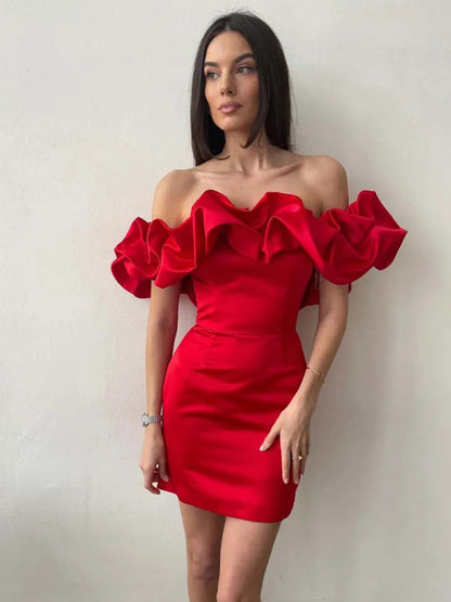Luxury Off Shoulder Mini Cocktail Dress For Women With Satin Ruffles