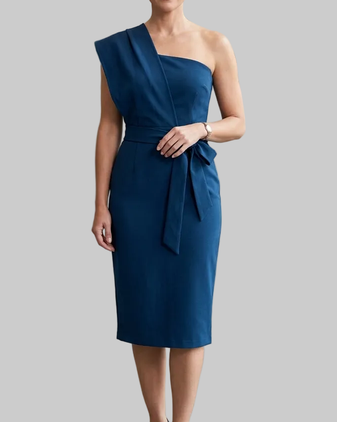 Elegant Women's Asymmetrical Midi Dress With Slit And Waistband