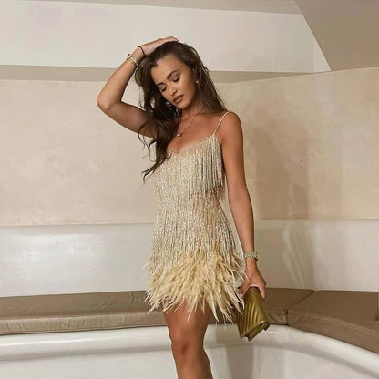 Anabela | Festive Sequin Dress with Feathers