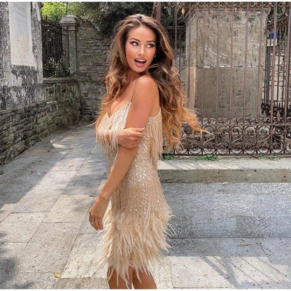Anabela | Festive Sequin Dress with Feathers