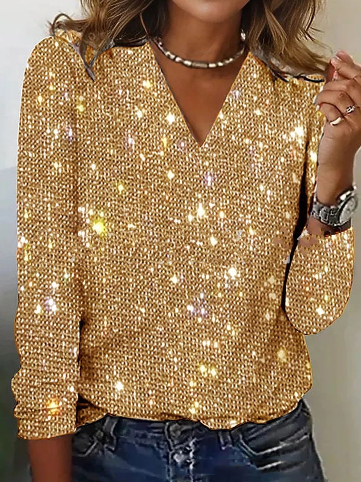 Luxury Women's Glitter V-Neck Blouse with Long Sleeves
