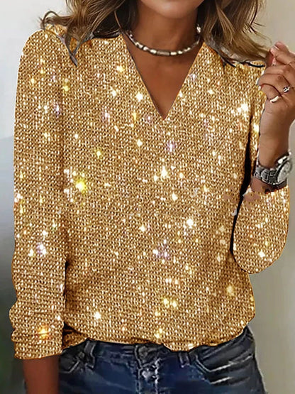 Luxury Women's Glitter V-Neck Blouse with Long Sleeves
