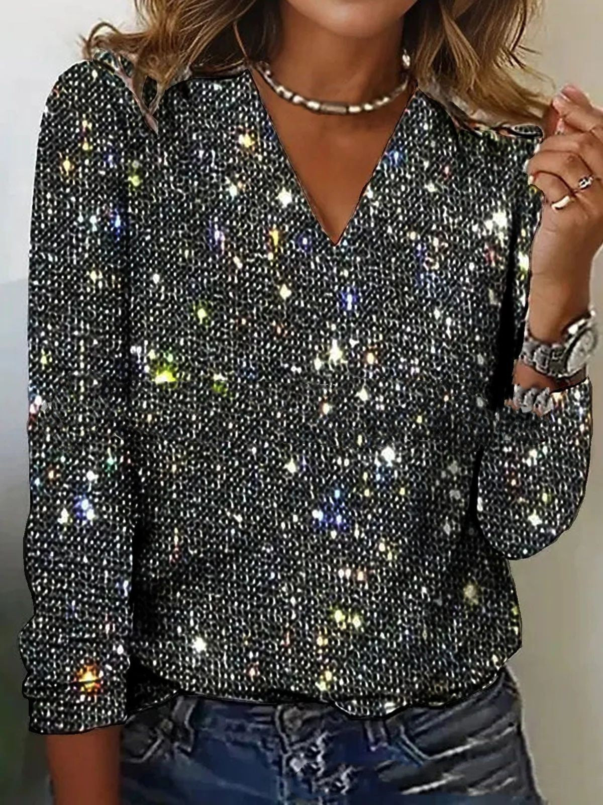 Luxury Women's Glitter V-Neck Blouse with Long Sleeves