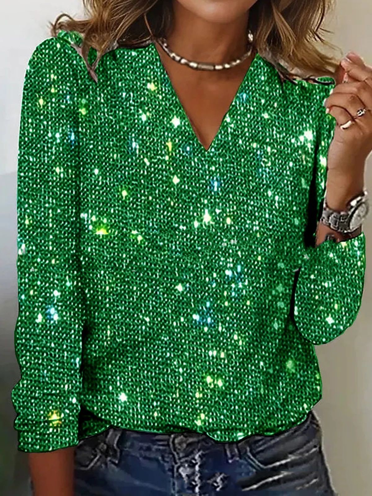 Luxury Women's Glitter V-Neck Blouse with Long Sleeves