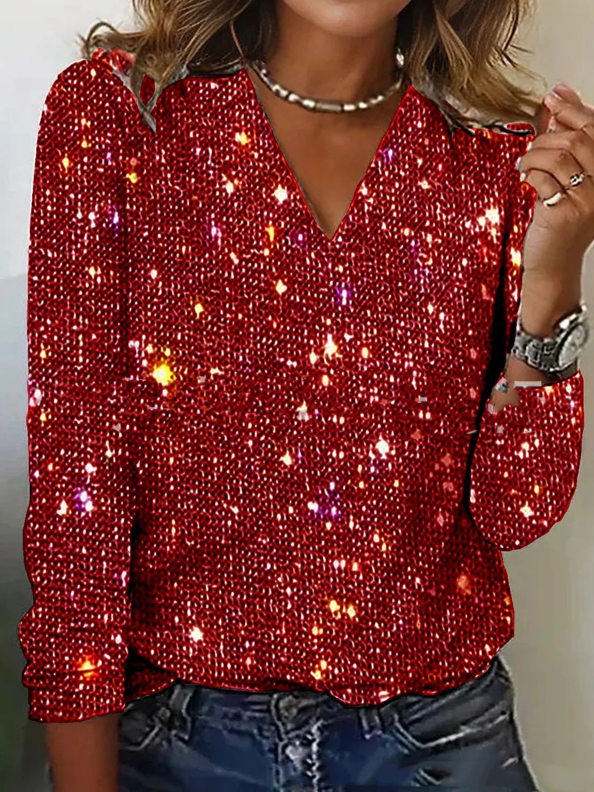Luxury Women's Glitter V-Neck Blouse with Long Sleeves
