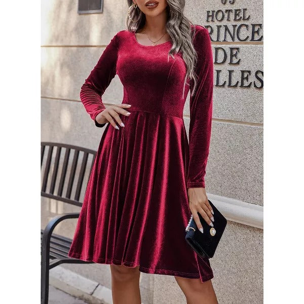 Luxury Women's Red Velvet Mini Dress with Long Sleeves