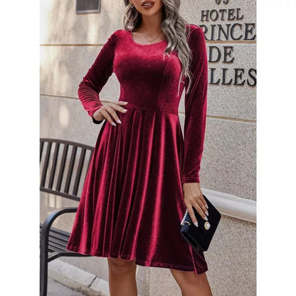 Luxury Women's Red Velvet Mini Dress with Long Sleeves