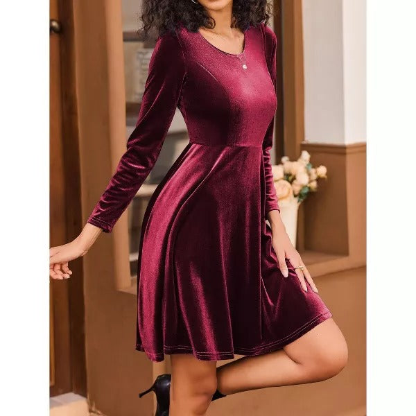 Luxury Women's Red Velvet Mini Dress with Long Sleeves
