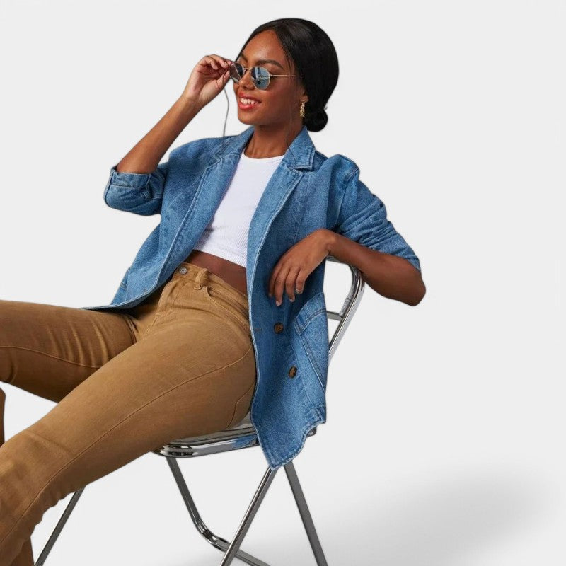 Casual Women's Denim Blazer with Long Sleeves and Pockets