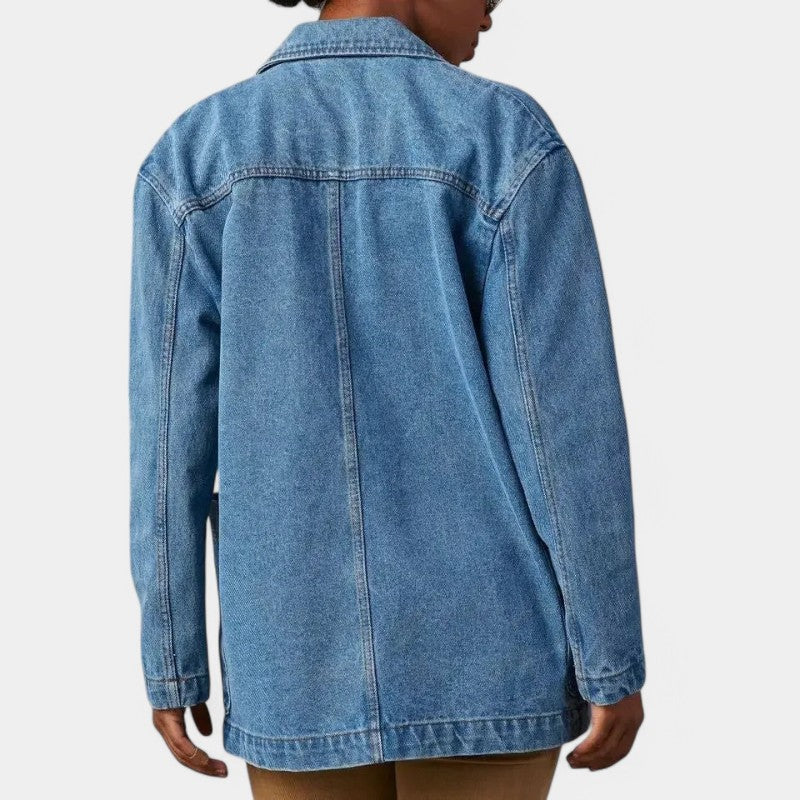 Casual Women's Denim Blazer with Long Sleeves and Pockets