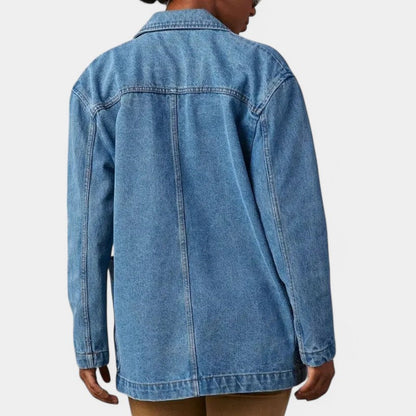 Casual Women's Denim Blazer with Long Sleeves and Pockets
