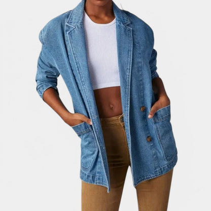 Casual Women's Denim Blazer with Long Sleeves and Pockets