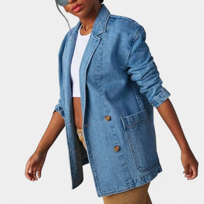 Casual Women's Denim Blazer with Long Sleeves and Pockets