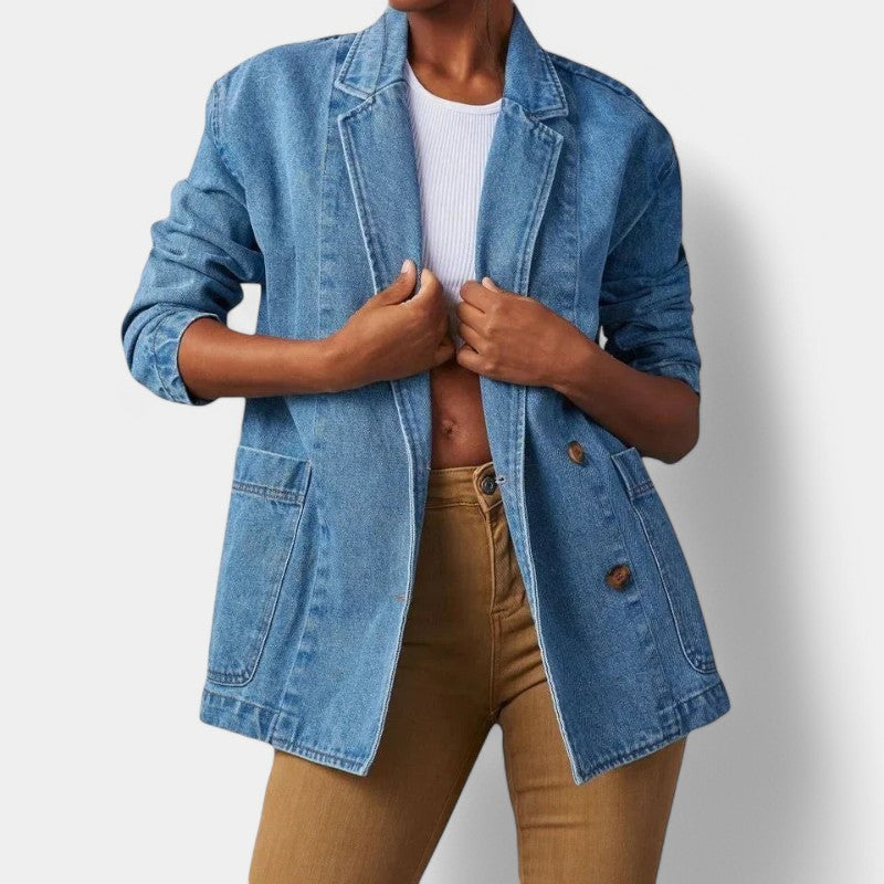 Casual Women's Denim Blazer with Long Sleeves and Pockets