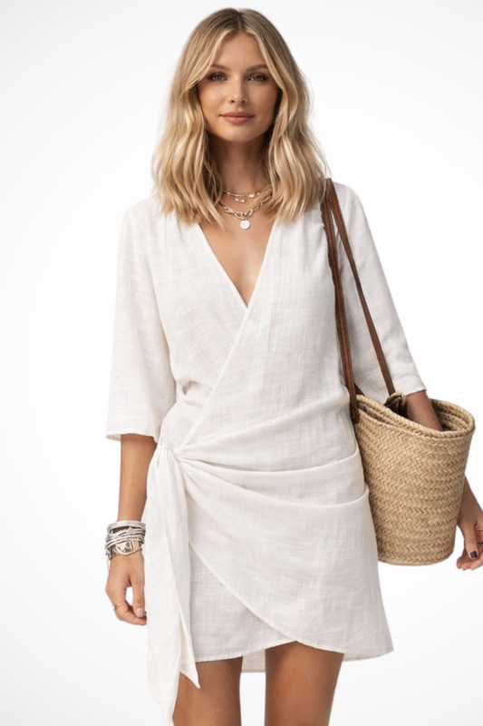Mini Beach Dress With Wrap Detail And Short Sleeves