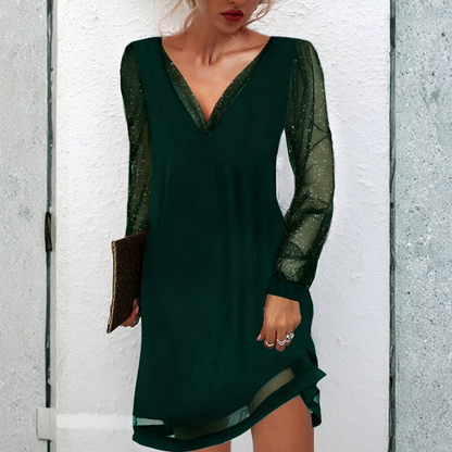 Women's Festive Mini Dress With V-Neck And Transparent Sleeves