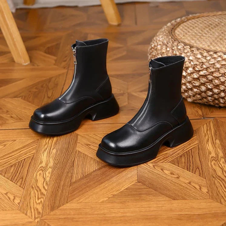 Elegant Women's Leather Ankle Boots With Warm Lining And Zipper