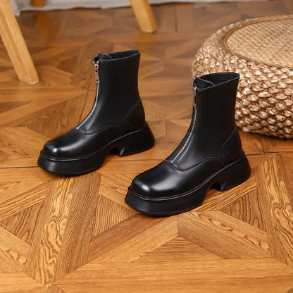 Elegant Women's Leather Ankle Boots With Warm Lining And Zipper