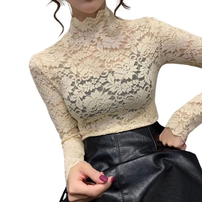 Chic Women's Lace Top with Long Sleeves and High Neck