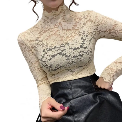 Chic Women's Lace Top with Long Sleeves and High Neck