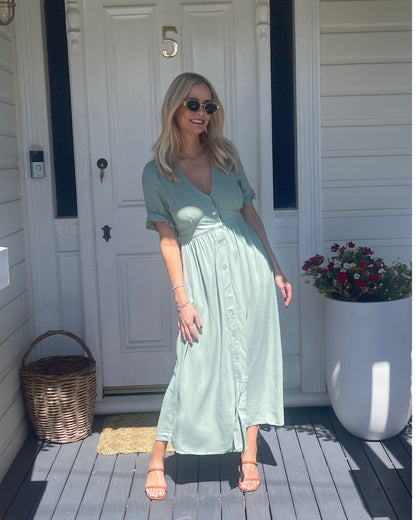 Elegant Summer Women's Midi Dress with V Neck and Button Closure