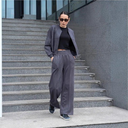 Trendy Women's Two-Piece Set with Short Jacket and Wide Pants