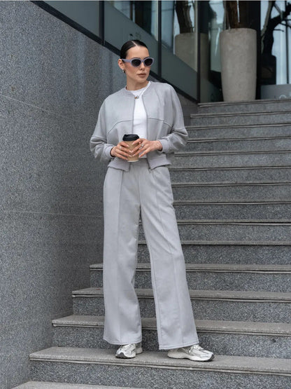Trendy Women's Two-Piece Set with Short Jacket and Wide Pants