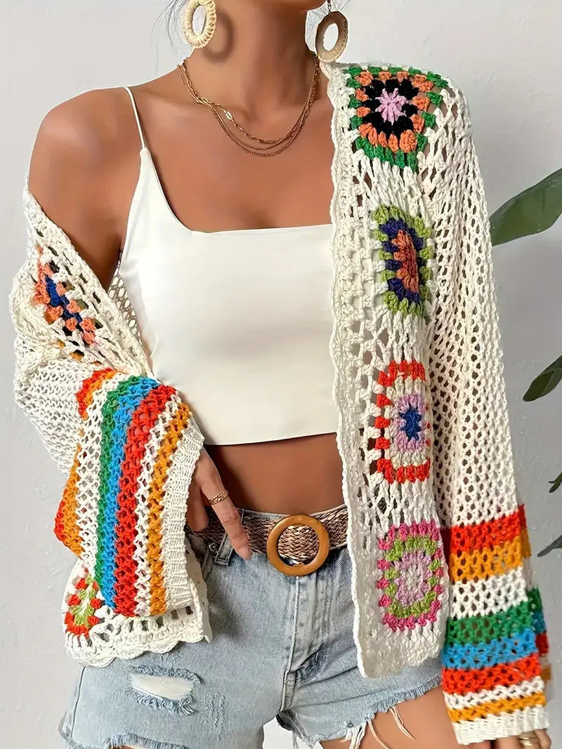 Boho airy women's cardigan with crochet pattern and wide sleeves