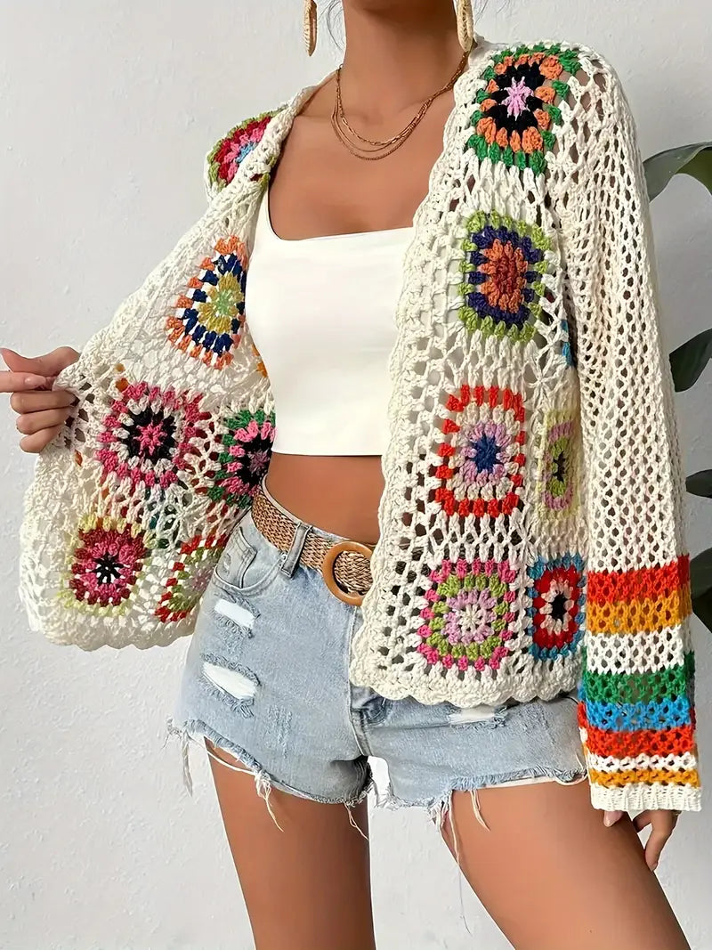 Boho airy women's cardigan with crochet pattern and wide sleeves