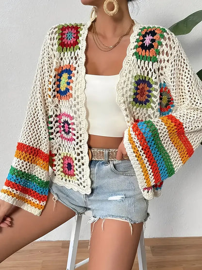 Boho airy women's cardigan with crochet pattern and wide sleeves