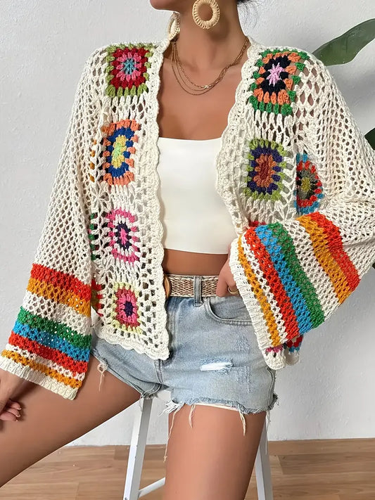 Boho airy women's cardigan with crochet pattern and wide sleeves