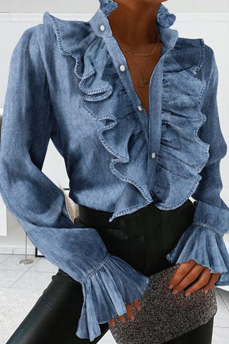 Elegant Refined Women's Blouse with Playful Ruffles and Puff Sleeves