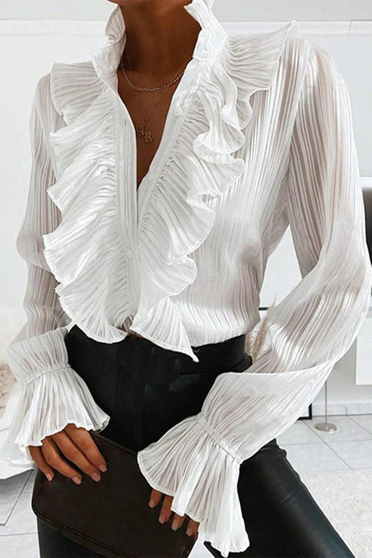 Elegant Refined Women's Blouse with Playful Ruffles and Puff Sleeves