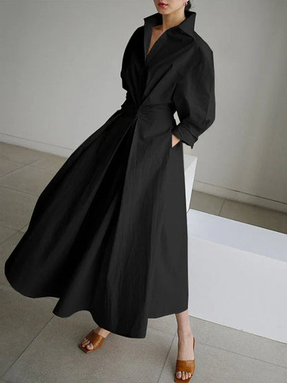 Refined Elegant Women's Maxi Dress with Collar and Flattering Pleats