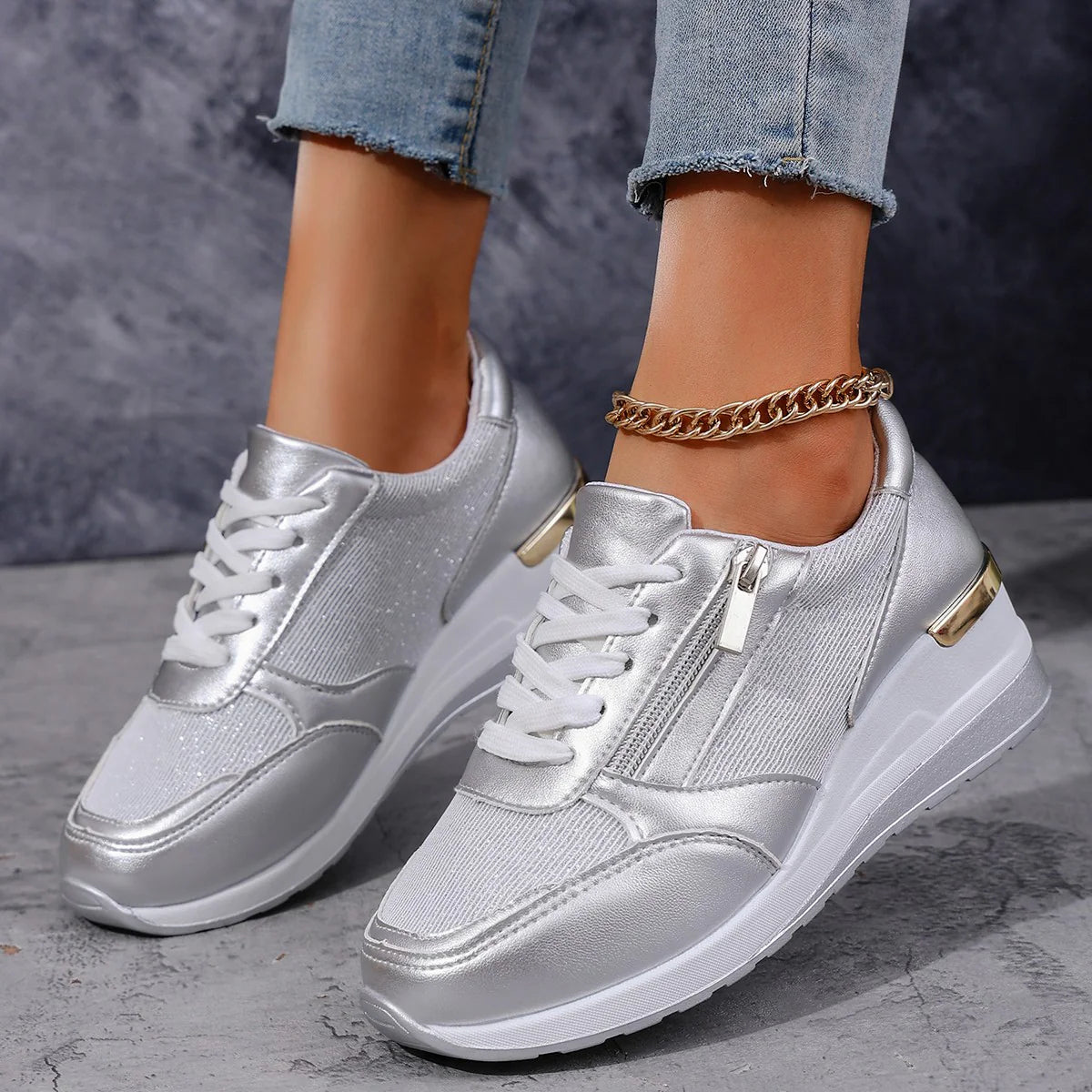 Women's Wedge Lightweight Sneakers With Lace Closure