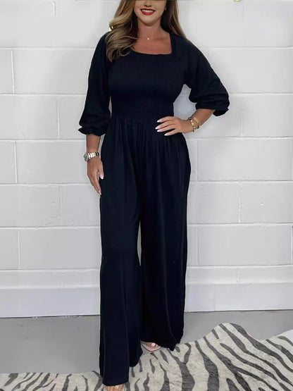 Summer Women's Smock Jumpsuit With Long Sleeves And Wide Legs