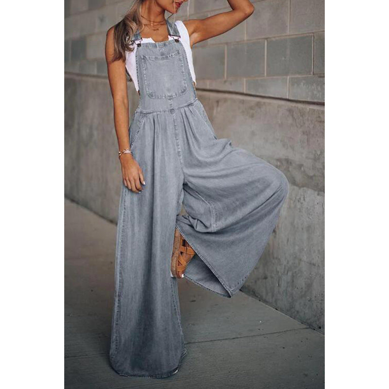 Trendy Women's Denim Jumpsuit with Wide Legs and Straps