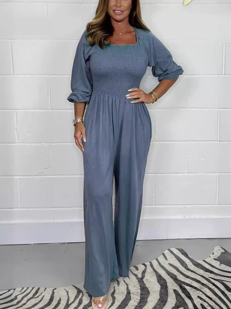 Summer Women's Smock Jumpsuit With Long Sleeves And Wide Legs
