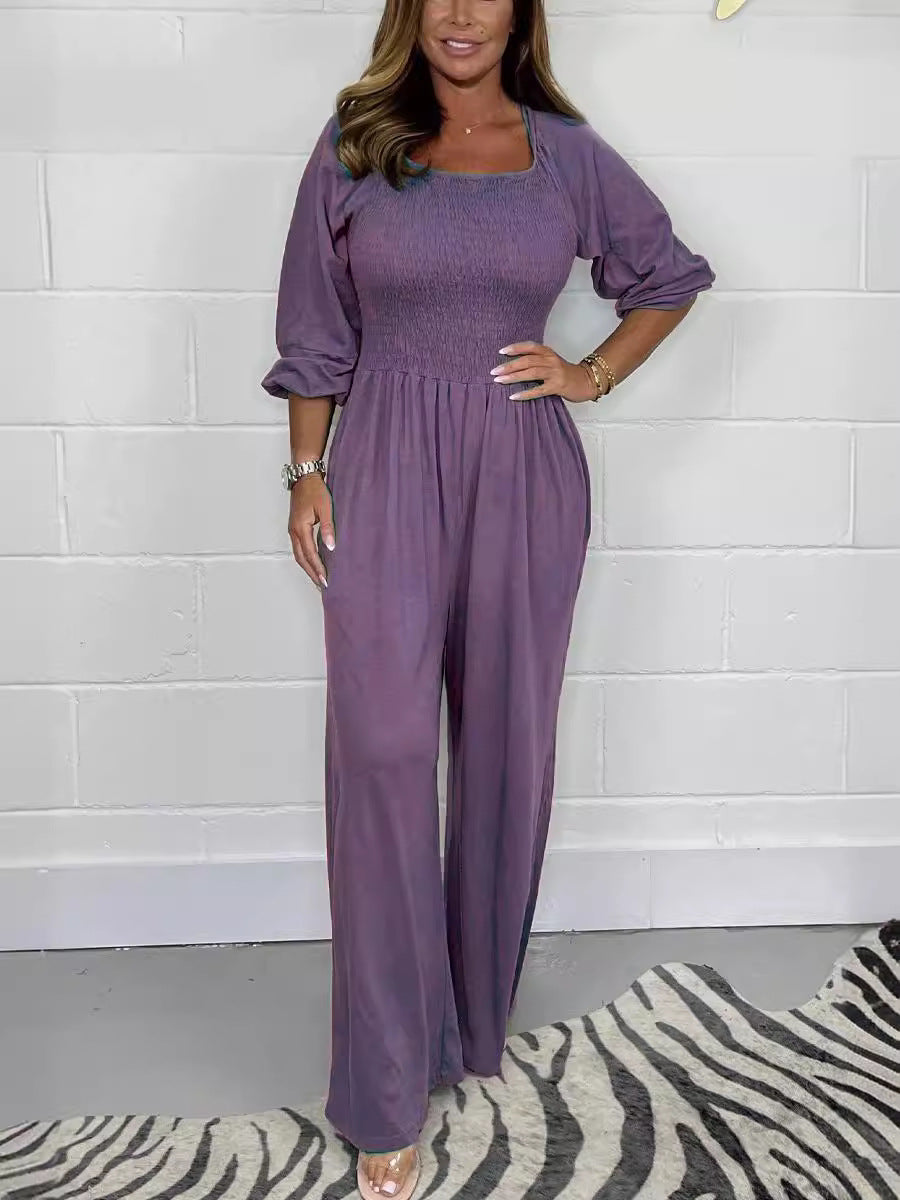 Summer Women's Smock Jumpsuit With Long Sleeves And Wide Legs