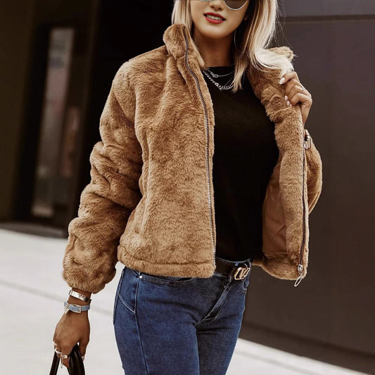 Luxury Soft Women's Teddy Bomber Jacket with Zipper