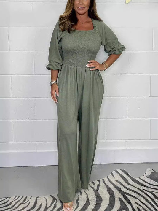 Summer Women's Smock Jumpsuit With Long Sleeves And Wide Legs