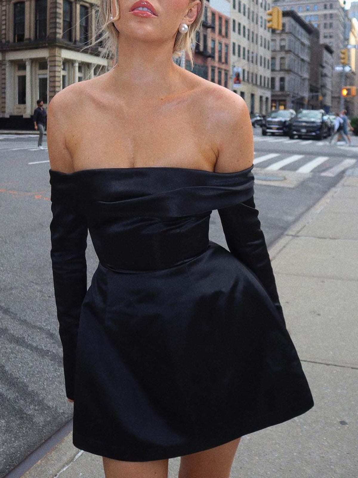 Black Cocktail Mini Dress for Women with Off Shoulder Neckline