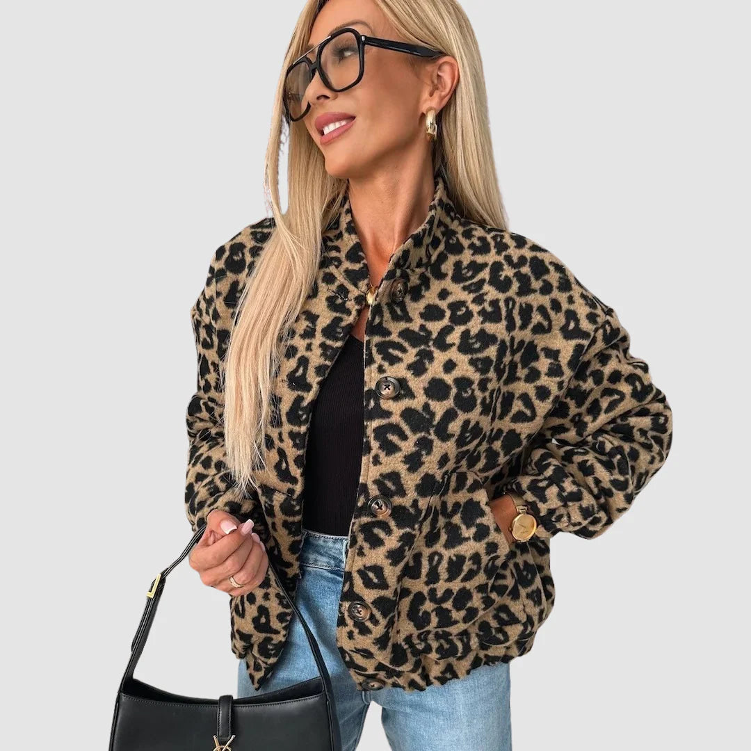Trendy Comfortable Women's Bomber Jacket with Leopard Print and Zipper