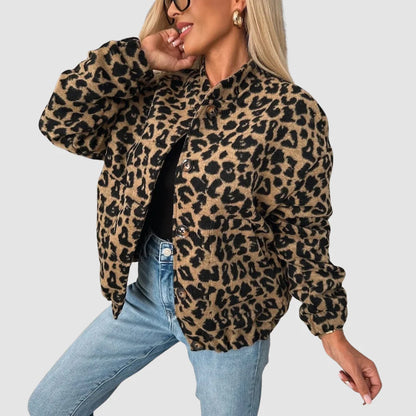 Trendy Comfortable Women's Bomber Jacket with Leopard Print and Zipper