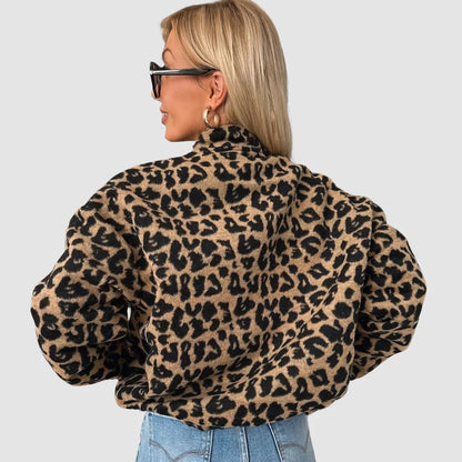 Trendy Comfortable Women's Bomber Jacket with Leopard Print and Zipper