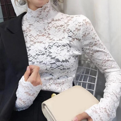 Chic Women's Lace Top with Long Sleeves and High Neck